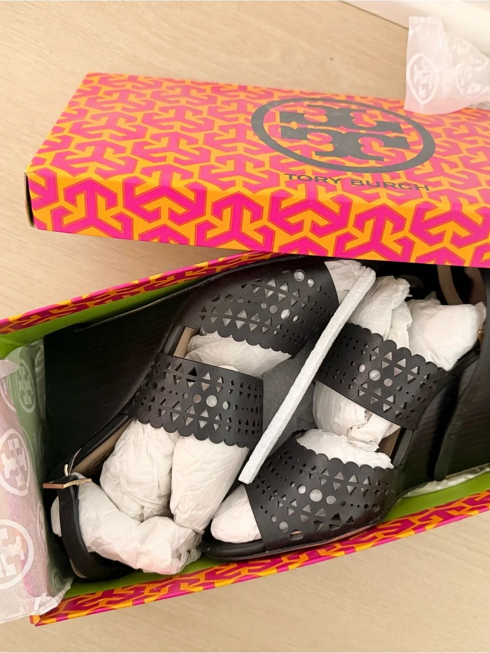 Tory Burch Black Laser-Cut Leather Sandals